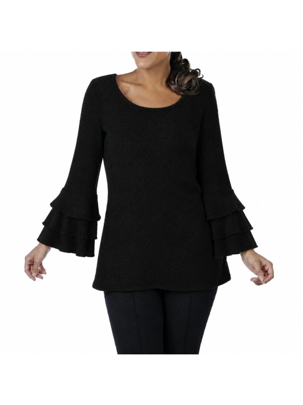 Nina Leonard Black Chiffon Trim Bell Sleeve Sweater - Small